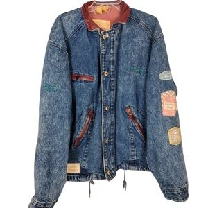 Urban Equipment USA‎ Acid Wash Denim Racing Jacket Blue Lander Cup Patches XL